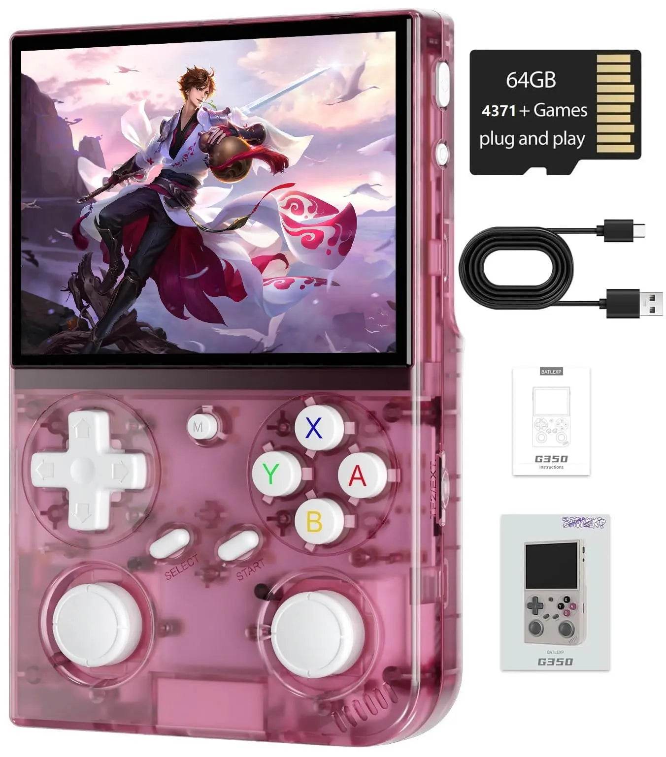 G350 Retro Handheld Game Console , 3.5 Inch IPS Screen Linux System Built-in 64G TF Card 4371 Games Preloaded Game Console 3200mAh Battery(Transparent Black) - Blustars -We will make your life easier.