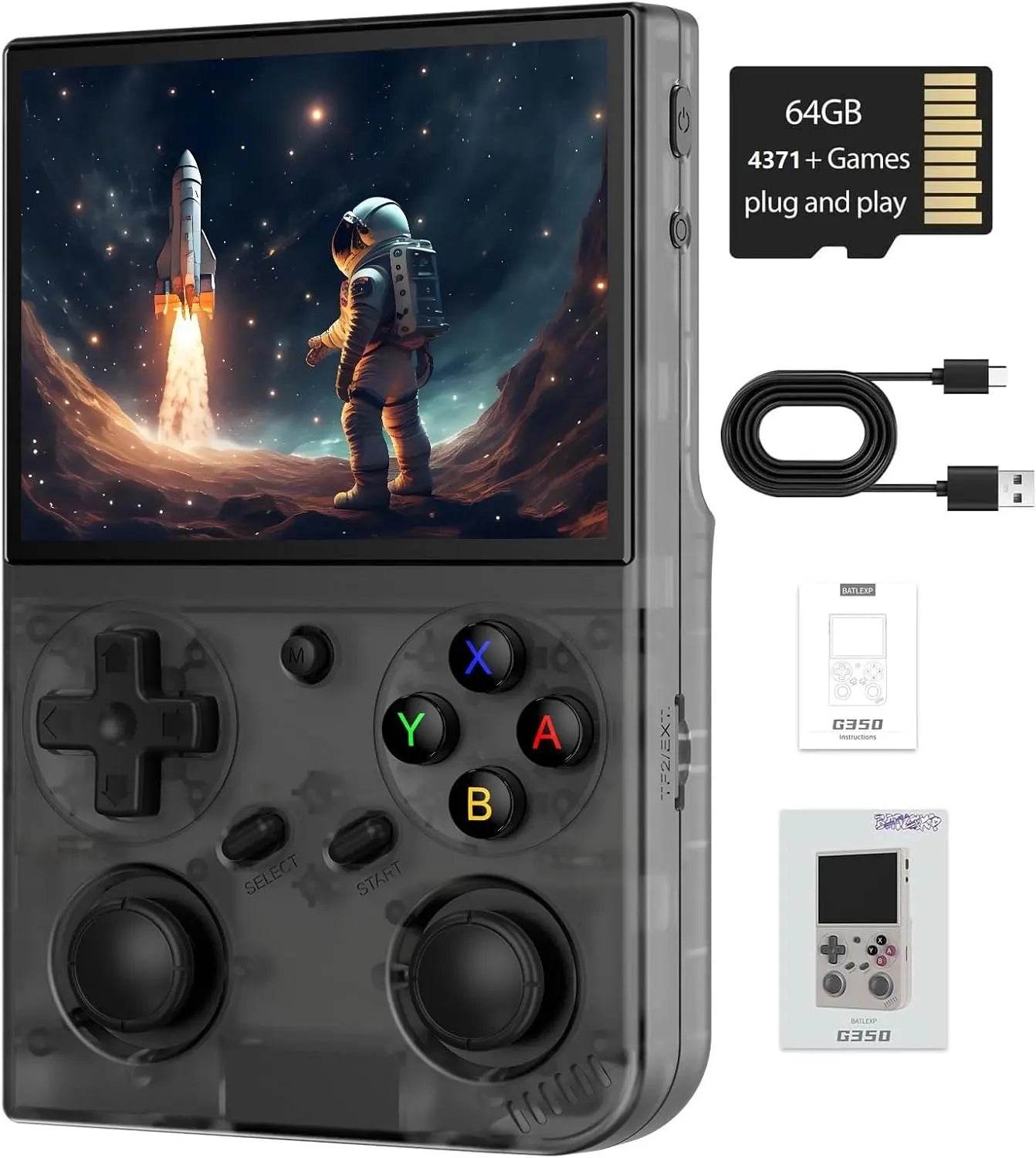 G350 Retro Handheld Game Console , 3.5 Inch IPS Screen Linux System Built-in 64G TF Card 4371 Games Preloaded Game Console 3200mAh Battery(Transparent Black) - Blustars -We will make your life easier.