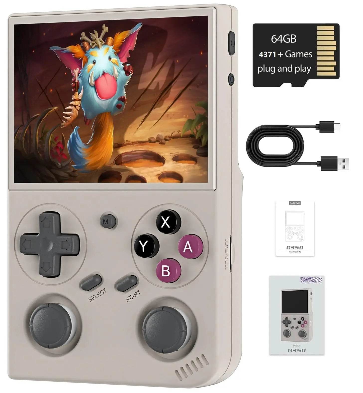 G350 Retro Handheld Game Console , 3.5 Inch IPS Screen Linux System Built-in 64G TF Card 4371 Games Preloaded Game Console 3200mAh Battery(Transparent Black) - Blustars -We will make your life easier.